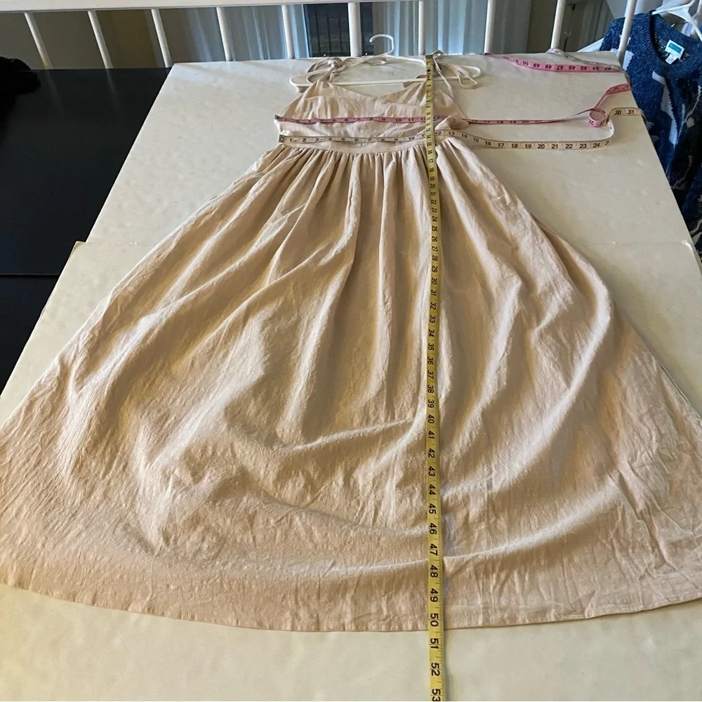 Commense Tie Shoulder Dress Women Size Small Beige Linen Midi Sleeveless Neutral - Picture 14 of 14